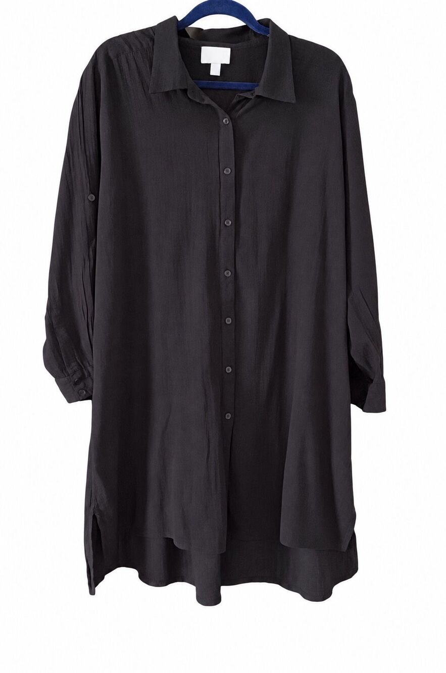 Swimsuits For All Black Cotton Button-Down Beach Cover Up Shirt Tunic 22/24